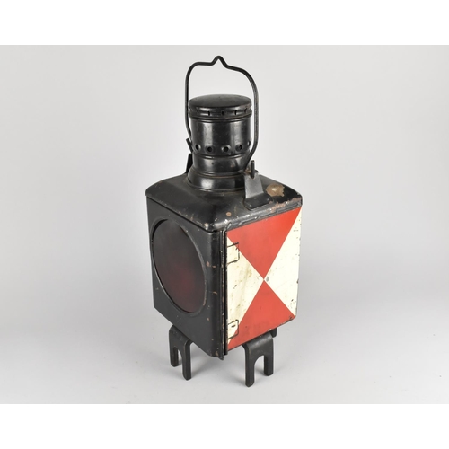 98 - A German Reichsbahn Railway Lantern with Red and Plain Glass, Original Burner, 50cms High