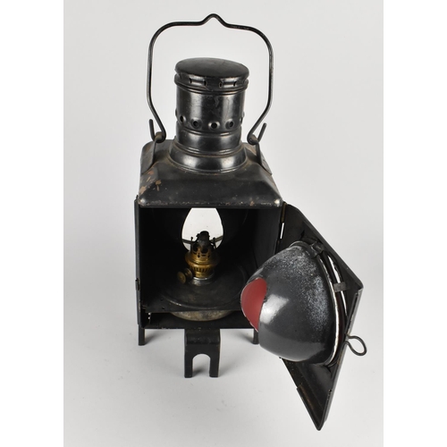 98 - A German Reichsbahn Railway Lantern with Red and Plain Glass, Original Burner, 50cms High