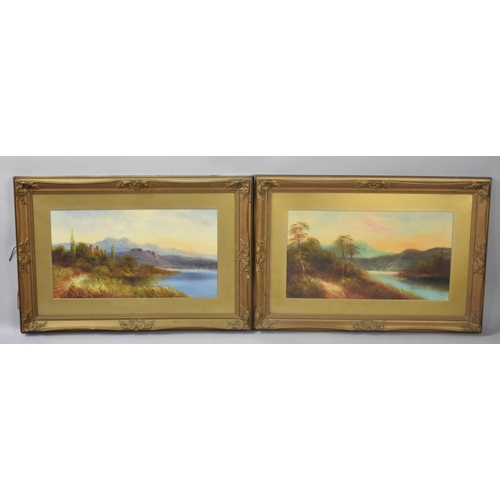 105 - A Pair of Gilt Framed Gouaches, Highland Landscapes with Castle Ruins and River, Each 45x25cms