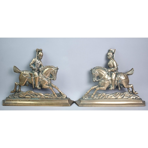 109 - A Near Pair of Late Victorian Brass Fireside Ornaments/Doorstops in the Form of Mounted Cavalry, 32c... 