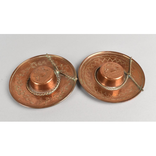 11 - A Pair of Mexican Copper Circular Pin Dishes in the Form of Traditional Hats, 10cms Diameter