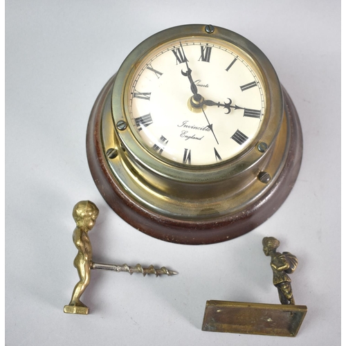 145 - A Brass Manneken Pis Corkscrew, Indian Figure and a Wall Clock