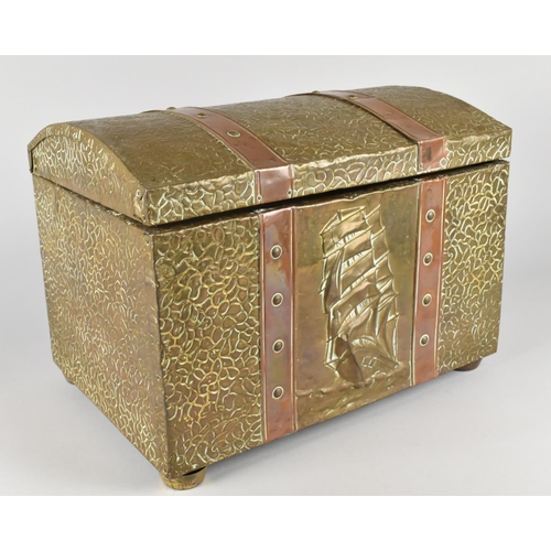 149 - A Mod 20th Century Copper and Brass Dome Topped Slipper Box with Galleon Decoration, 38cms Wide