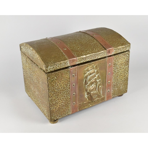 149 - A Mod 20th Century Copper and Brass Dome Topped Slipper Box with Galleon Decoration, 38cms Wide