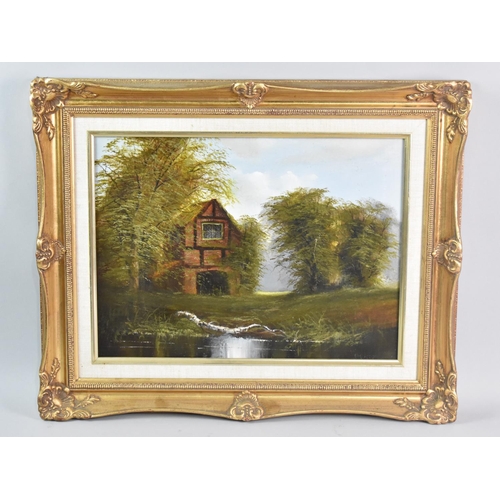 153 - A Gilt Framed Oil on Board, Half Timbered Boathouse with Trees, 39x29cms