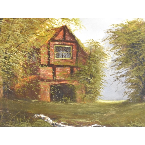 153 - A Gilt Framed Oil on Board, Half Timbered Boathouse with Trees, 39x29cms