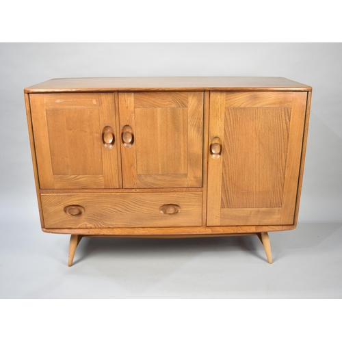 157 - A 1970s Ercol Sideboard with Cupboards and Long Drawer, 113cms Wide, One Drawer Handle AF