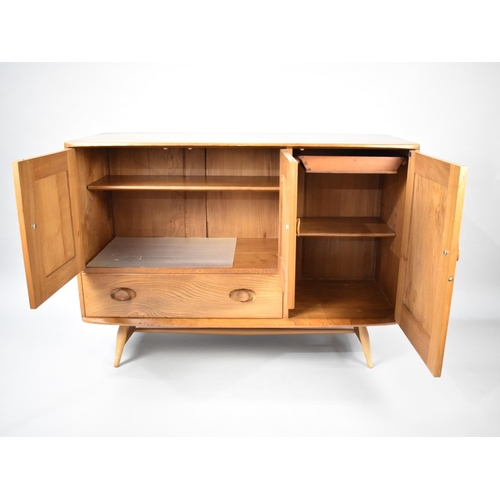 157 - A 1970s Ercol Sideboard with Cupboards and Long Drawer, 113cms Wide, One Drawer Handle AF