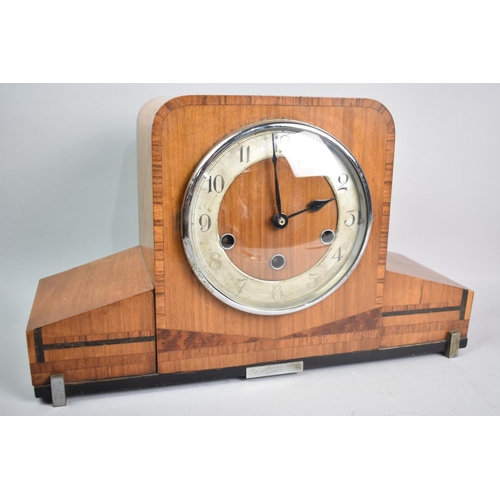 158 - An Art Deco Inlaid Walnut Chime Mantel Clock, 39cms Wide