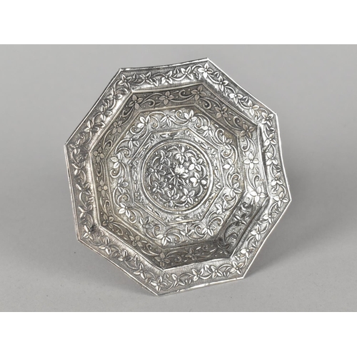 18 - A Small Silver Octagonal Pin Dish with Engraved Decoration, Stamped 800 Under, 9ms Diameter