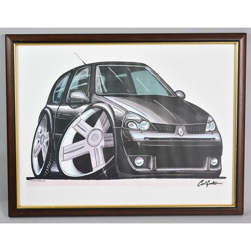 196 - A Framed Cartoon Cars Print of Renault Clio Sport, 39x29cms