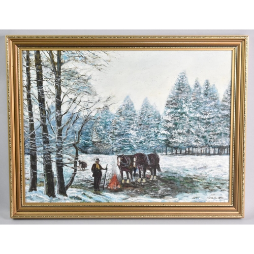 296 - A Gilt Framed Oil on Board, Winter Scene with Farmer and Heavy Horses, Monogrammed W.R.S and Dated 1... 