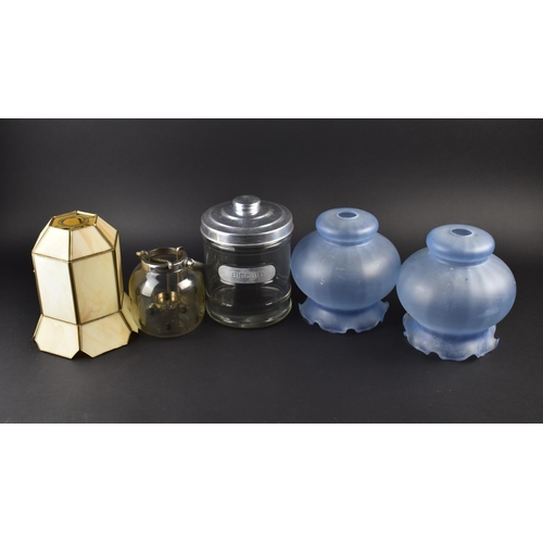 305 - A Collection of Glassware to Comprise Two Blue Glass Shades, Lantern and a Biscuit Barrel Together w... 