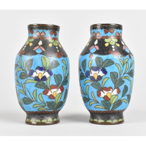 34 - A Pair of Oriental Enamelled Bronze Vases Decorated with Insect and Flowers, 9.5cms High