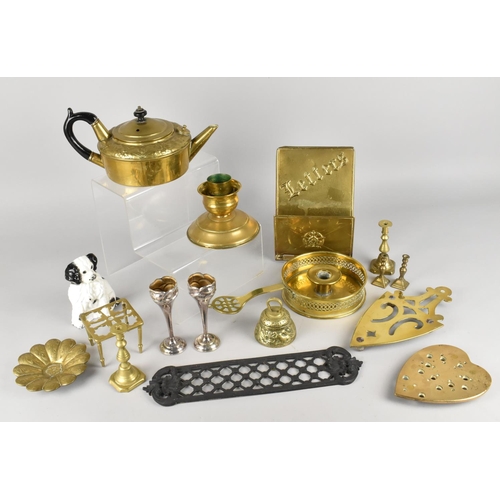 350 - A Collection of Various Metalwares to Comprise Brass Teapot, Trivets, Cast Iron Doorstop Modelled as... 