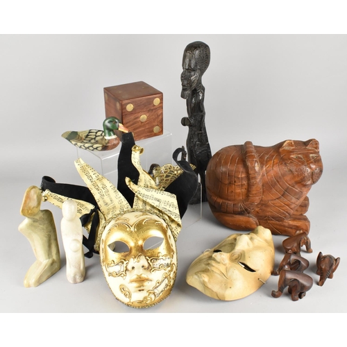 361 - A Collection of Various Items to Comprise Duck Dishes, Large Carved Wooden Cat, Dice Set, Masks etc