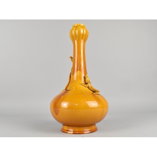 368 - A Yellow Glazed Pottery Vase of Mallet Form and Garlic Bulb Neck with Applied Crawling Dragons, Inci... 