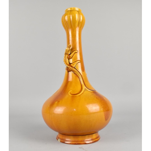 368 - A Yellow Glazed Pottery Vase of Mallet Form and Garlic Bulb Neck with Applied Crawling Dragons, Inci... 