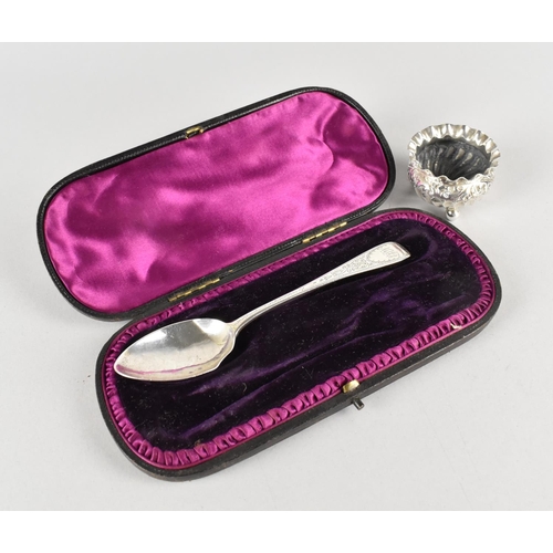 376 - A Cased Victorian Silver Spoon (Missing Fork) Together with a Silver Salt of Wrythen Form Raised on ... 