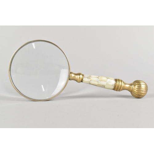 41 - A Modern Mother of Pearl Handled Brass Desktop Magnifying Glass, 24cms Long