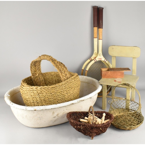 424 - A Collection of Various Vintage Items to Comprise Papier Mache Bath, Wicker Baskets, Metal Basket, T... 