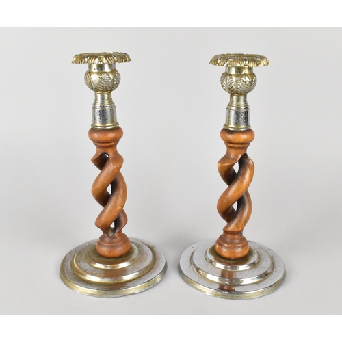 43 - A Pair of Silver Plated Mounted Open Spiral Candlesticks, 21cms High