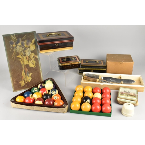 441 - A Collection of Various Items to Comprise Snooker Balls, Cash Tins, Antler Carving Set, Gas Mask etc