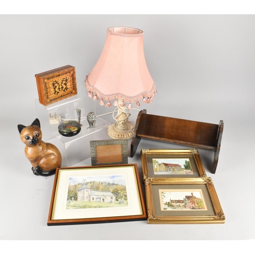 450 - A Collection of Various Sundries to Comprise Book Trough, Wooden Cat, Italian Musical Box, Metal Owl... 