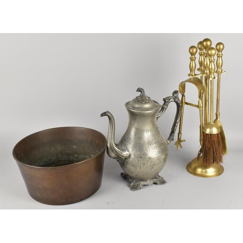 454 - A Late 19th Century Copper Pot/Planer Together with a Pewter Teapot and a Late 20th Century Brass Fi... 