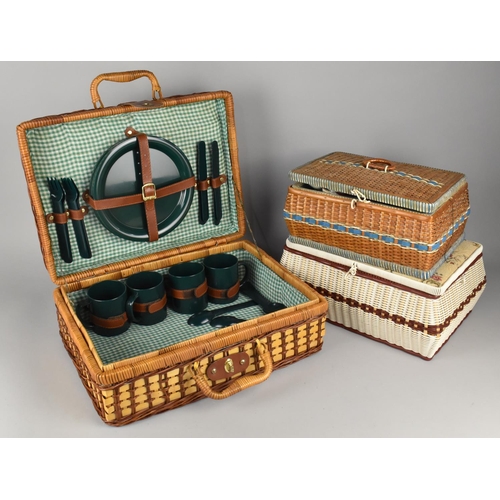 460 - A Wicker Picnic Hamper with Contents Together with Two Wicker Sewing Boxes with Contents