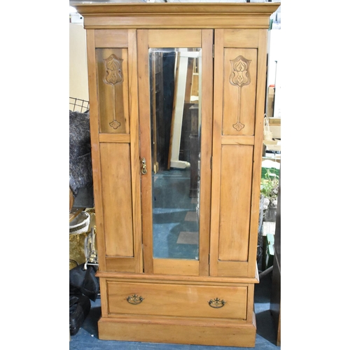 474 - An Art Nouveau Satinwood Mirror Fronted Wardrobe with Base Drawer, 104cms Wide, Missing One Back Pan... 