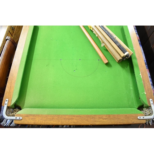 499 - A Mid 20th Century Quarter Size Snooker Table, Also Collection of Snooker Cues, Rest Etc, 163cms by ... 