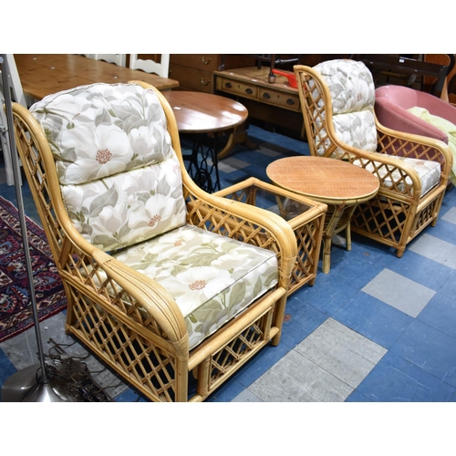 513 - A Pair of Bamboo Framed Conservatory Armchairs and Two Coffee Tables