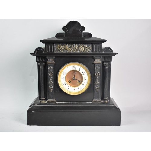 67 - A Late Victorian/Edwardian French Black Slate Mantel Clock of Architectural Form, Some Condition Iss... 