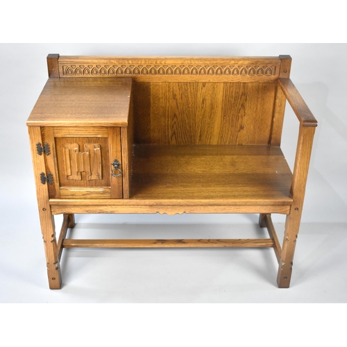 76 - A Mid 20th Century Oak Linenfold Telephone Seat by Old Mill, 94cms Wide