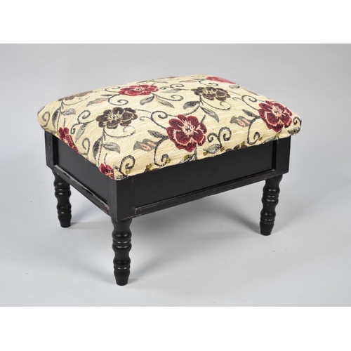 86 - A Modern Lift Top Ebonized Box Stool with Tapestry Upholstery, 40cms Wide