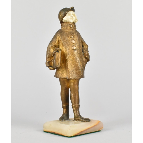 A Gilt Bronze and and Bakelite Figure after Chiparus, School Girl with Satchel, Square Onyx Plinth Base, 16.5cm High