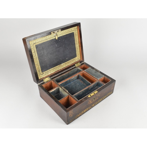 2 - A Victorian Rosewood and Brass Inlaid Work Box with Fitted Interior and Removable Fitted Tray, 28x20... 