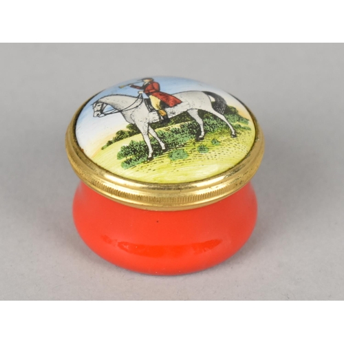 36 - A Boxed Halcyon Days Enamel Box with Mounted Horseman Decoration to Lid, 3cm Diameter