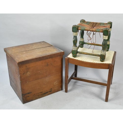 558 - An Edwardian Oak Storage Box with Lid, 45cm wide Together with a String Topped Stool (For Restoratio... 