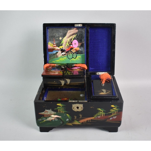 70 - A Mid 20th Century Lacquered and Mother of Pearl Inlaid Japanese Jewellery Box with Fitted Cantileve... 