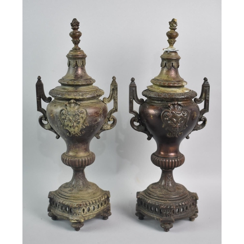 75 - A Pair of French Bronze Effect Two Handle Clock Garniture Vases with Lids, 34.5cm High