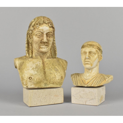 82 - Two Roman and Greek Cast Plaster Busts on Museum Style Stands, the Tallest 18cm high