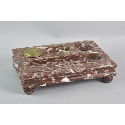 83 - A French Red Marble Rectangular Desktop Ink and Pen Stand, Has been Glued, 25x18cm