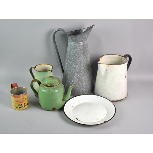 88 - A Collection of Various Enamelled Jugs Mug and Teapot, Also Bibby Measure