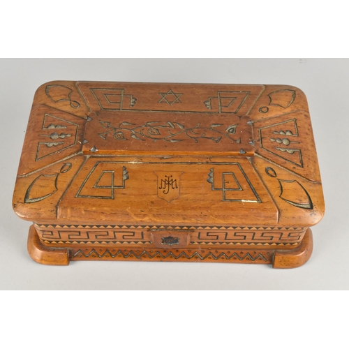 4 - A Mid 20th Century Carved Olive Wood Work Box with Hinged Lid Monogrammed MMJ, 27.5cms Wide