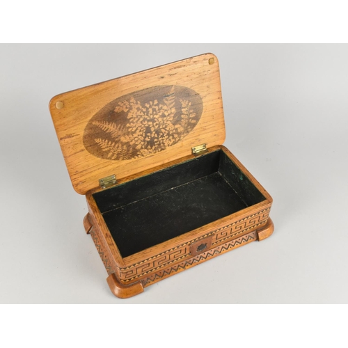 4 - A Mid 20th Century Carved Olive Wood Work Box with Hinged Lid Monogrammed MMJ, 27.5cms Wide