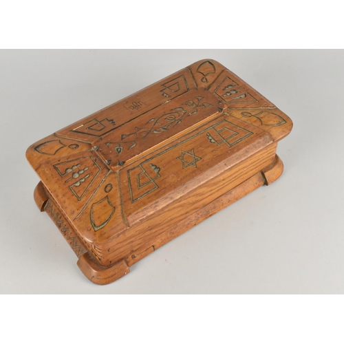 4 - A Mid 20th Century Carved Olive Wood Work Box with Hinged Lid Monogrammed MMJ, 27.5cms Wide