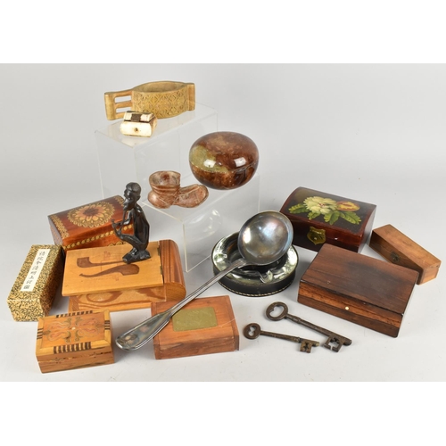 105 - A Collection of Various Wooden Cigarette Boxes, Carved Items, Silver Plated Ladle, Playing Card Box,... 