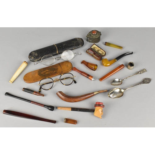 142 - A Collection of Sundries to include Spectacles, Pipes, Cheroot Holders, Cases, Souvenir Teaspoons Et... 